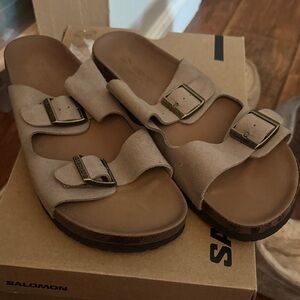 Skechers Women's Tan Suede Dual-Buckle Slide Sandals